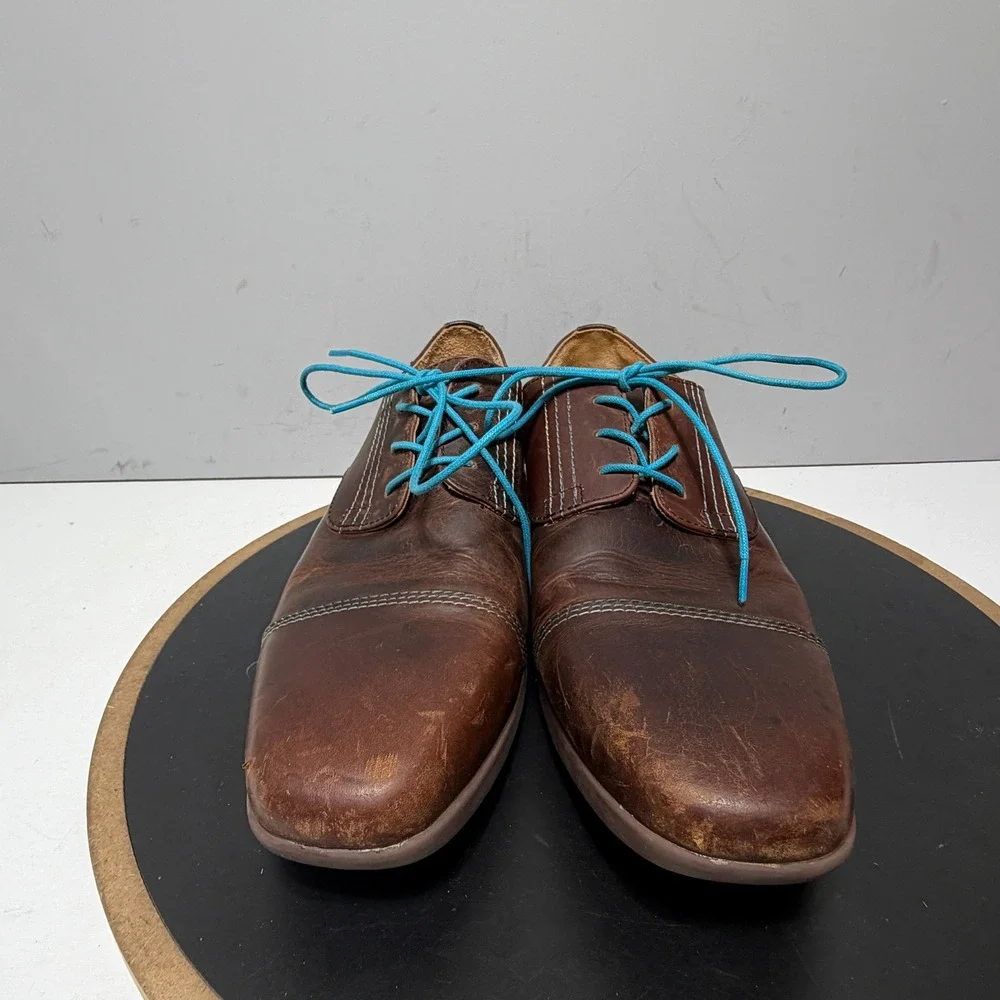 John Fluevog Cap‎ Toe Oxford Men Size 11 Leather Lace Up Brown Blue Minimalist